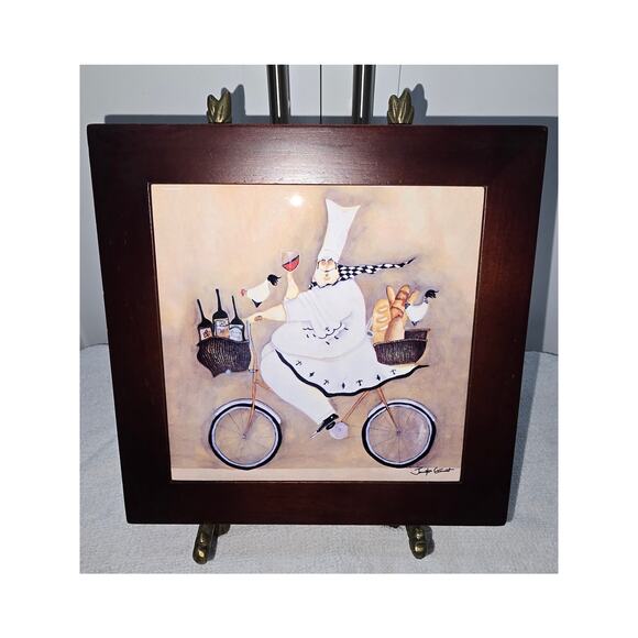 Jennifer Garant “Fat Chef on Bicycle” Framed Ceramic Tile – (2 Feet Missing) - Picture 1 of 10